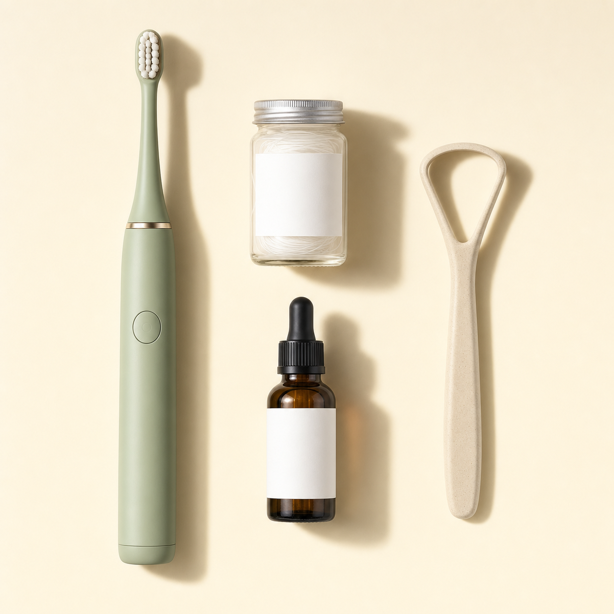 Daily oral care kit — toothbrush, floss, oral serum, tongue scraper